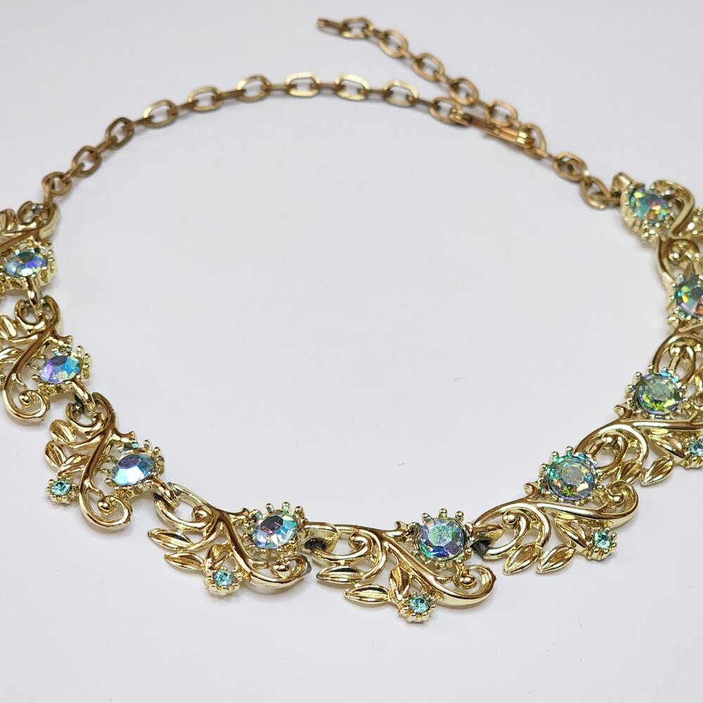 Vintage Gold Tone Choker Necklace Blue Aurora Borealis Rhinestones